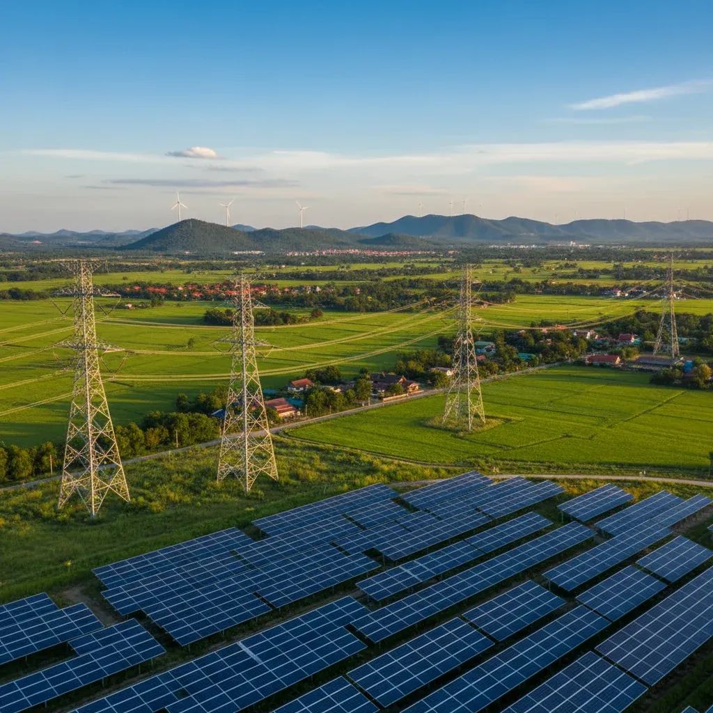 Modern renewable energy infrastructure including solar panels and transmission lines representing Thailand's energy transition
