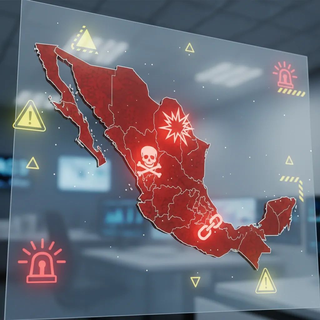 Mexico travel warning map showing restricted states highlighted in red with urgent advisory symbols for Thai travelers
