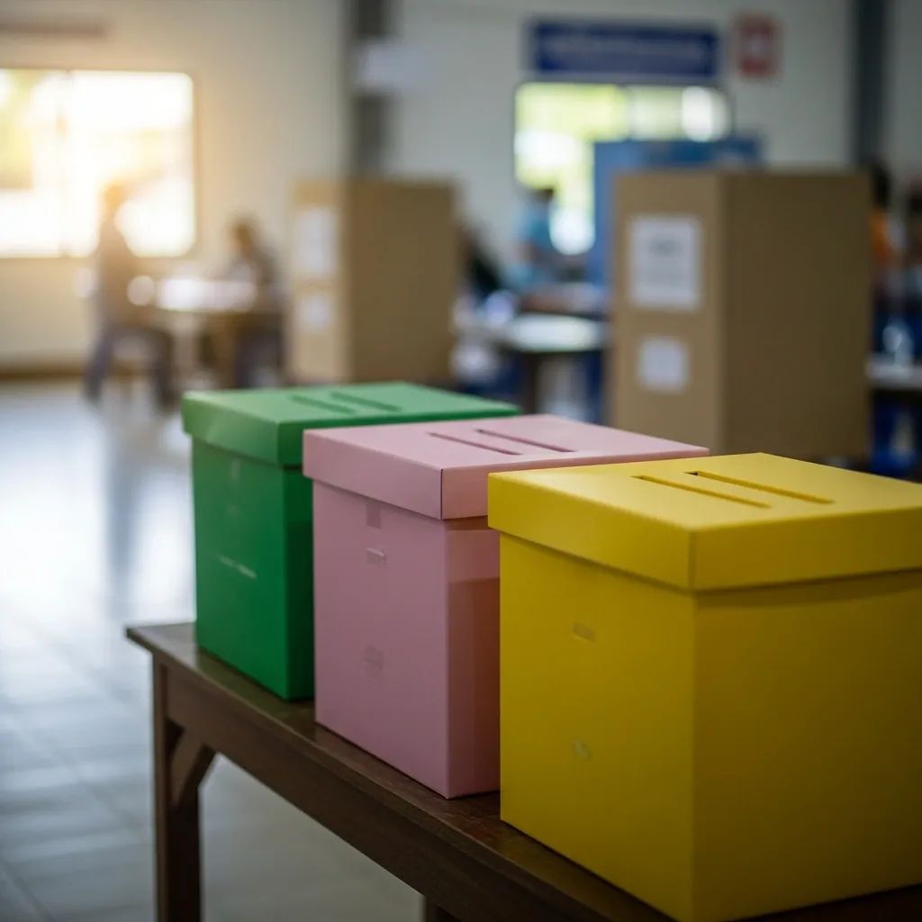 Colored ballot boxes lined up at a Thai polling station for referendum and general election