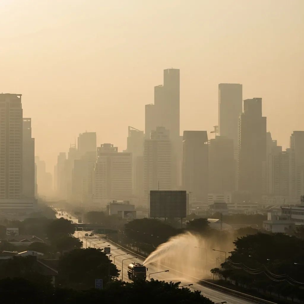 Bangkok skyline shrouded in smog with a distant water-spray truck misting the road