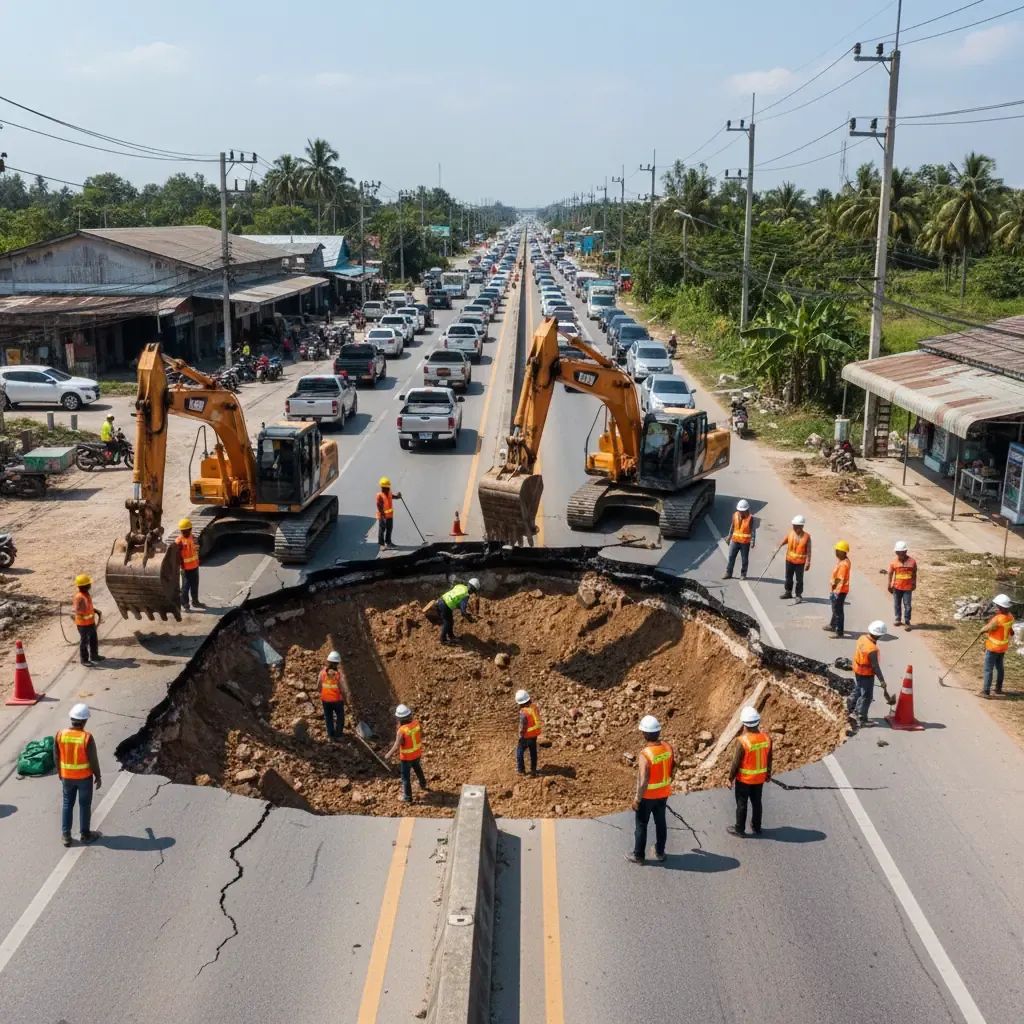 Repair crew and heavy machinery filling a large sinkhole on Rama II Road as traffic is detoured