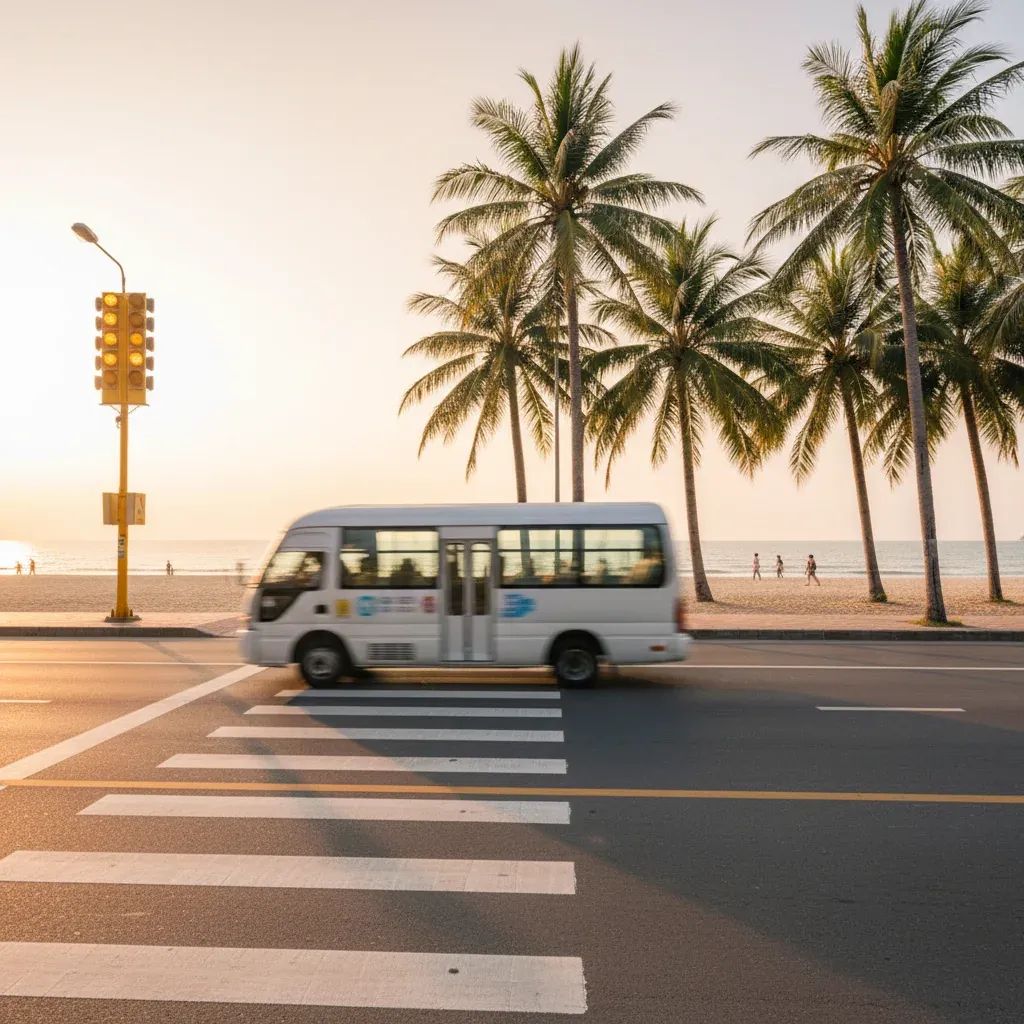 Minibus passing a pedestrian crossing on Phuket’s Karon beachfront road at dusk
