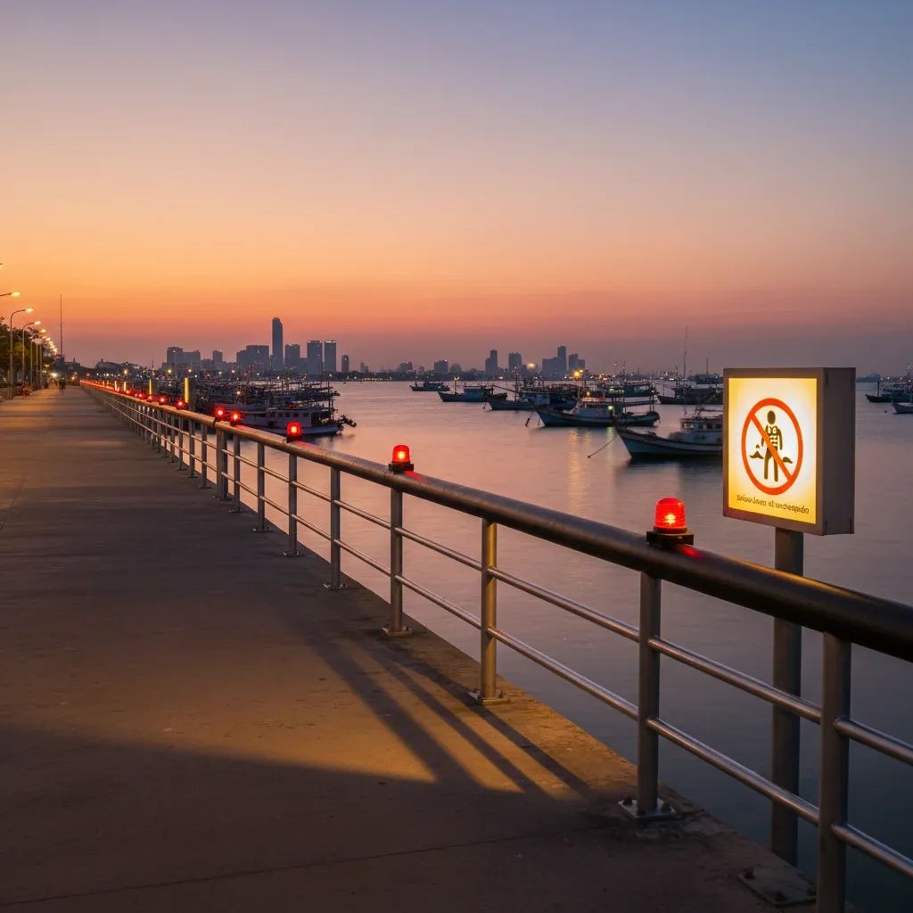 Pattaya waterfront pier at evening with safety railings and warning lights visible
