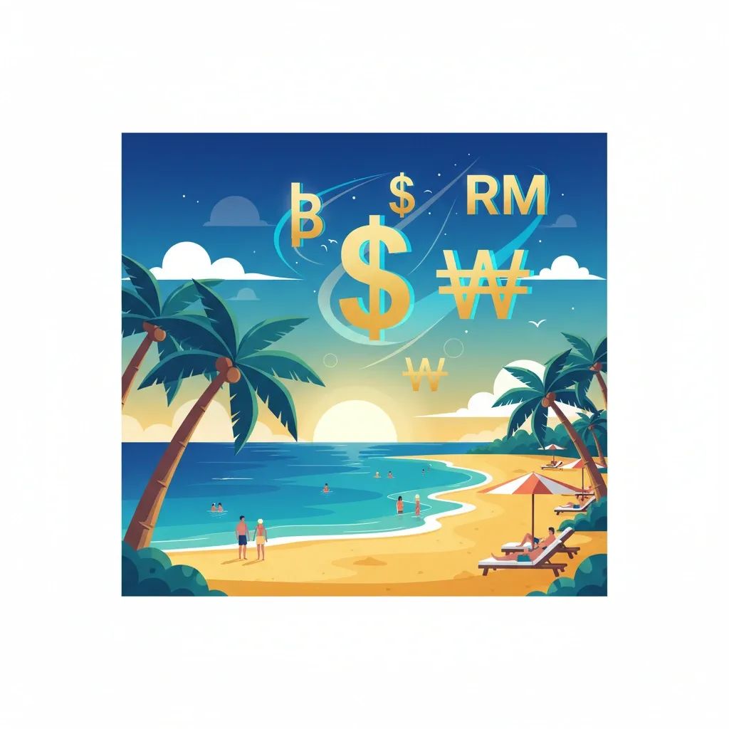 Illustration of Thai beachfront resort with baht, dollar, won and ringgit symbols reflecting currency shifts