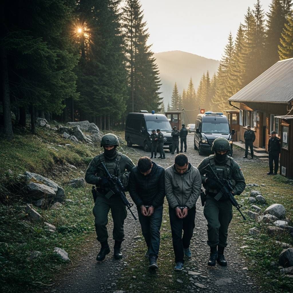 Armed border guards escort handcuffed suspects through a forested border checkpoint at dawn