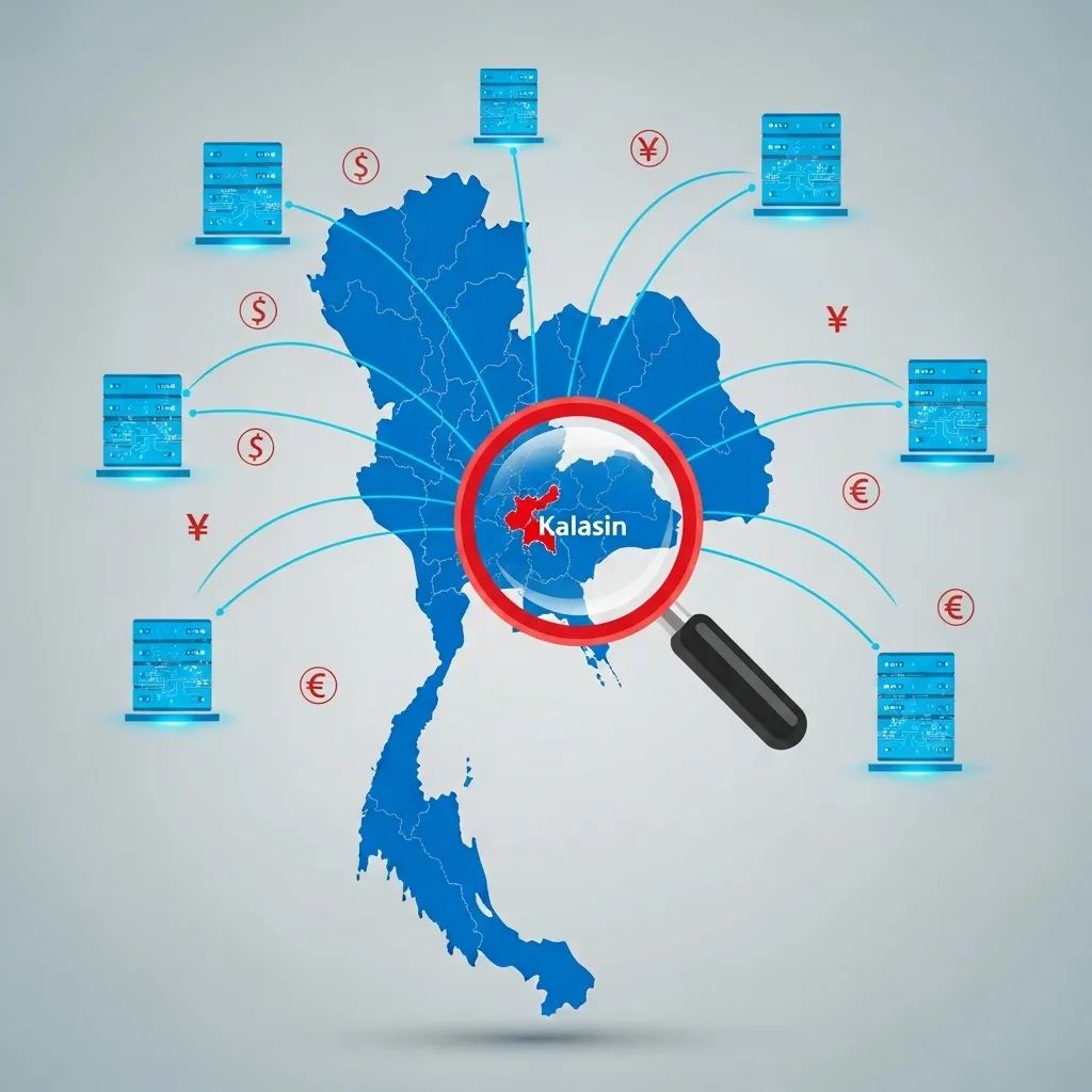 Map of Thailand highlighting Kalasin with digital network lines to international gambling servers