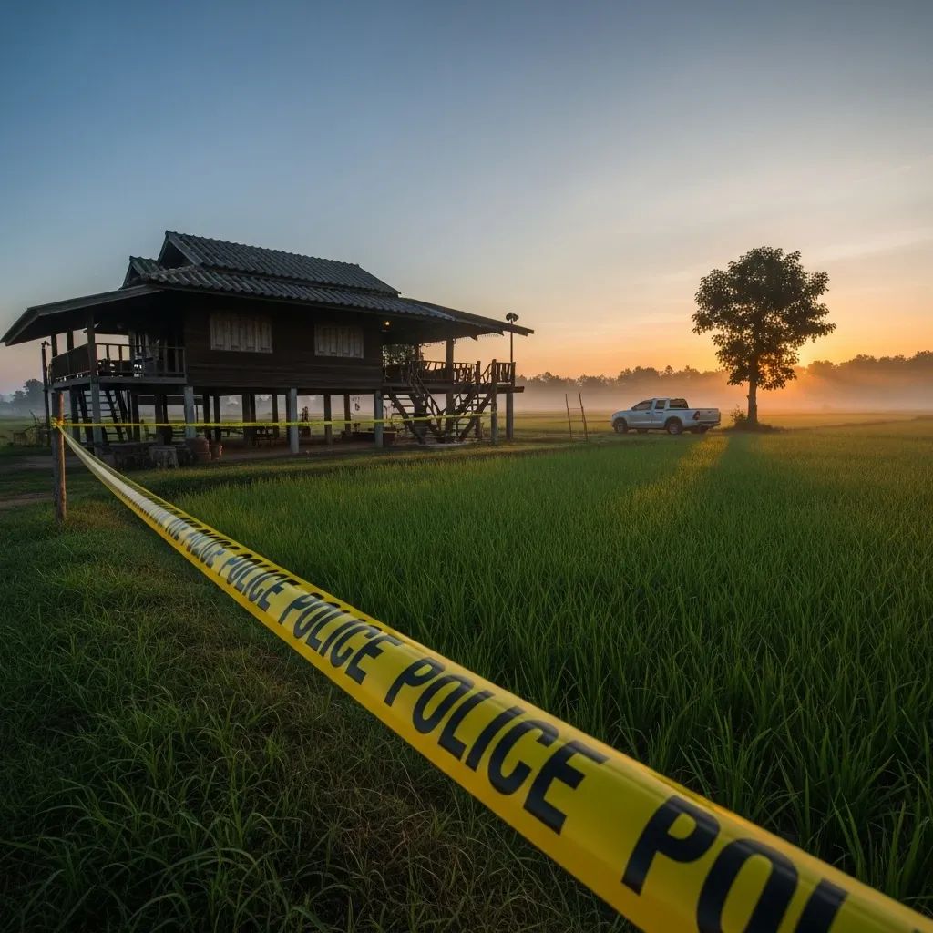 Rural Thai homestay by rice paddies with police tape and pickup truck in the distance