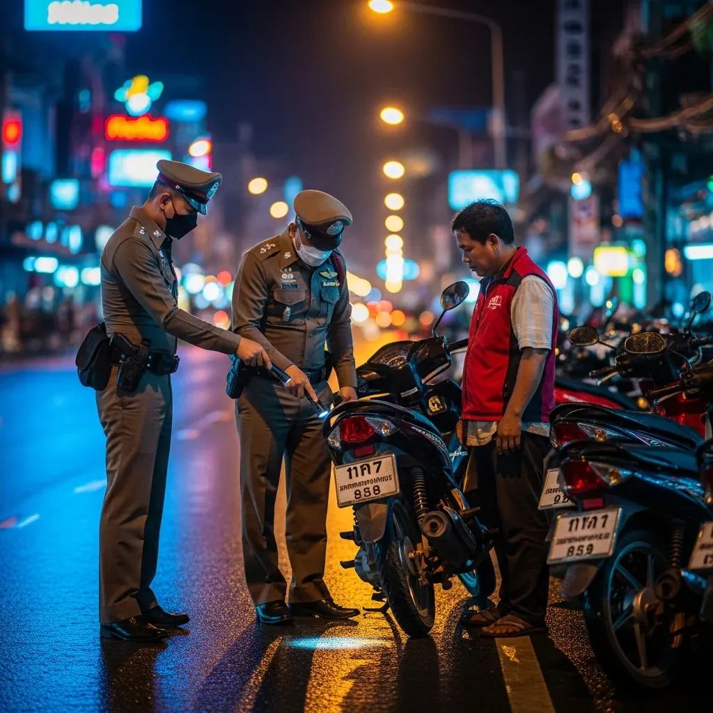 Police inspecting motorbike taxi license plate on Pattaya Third Road at night