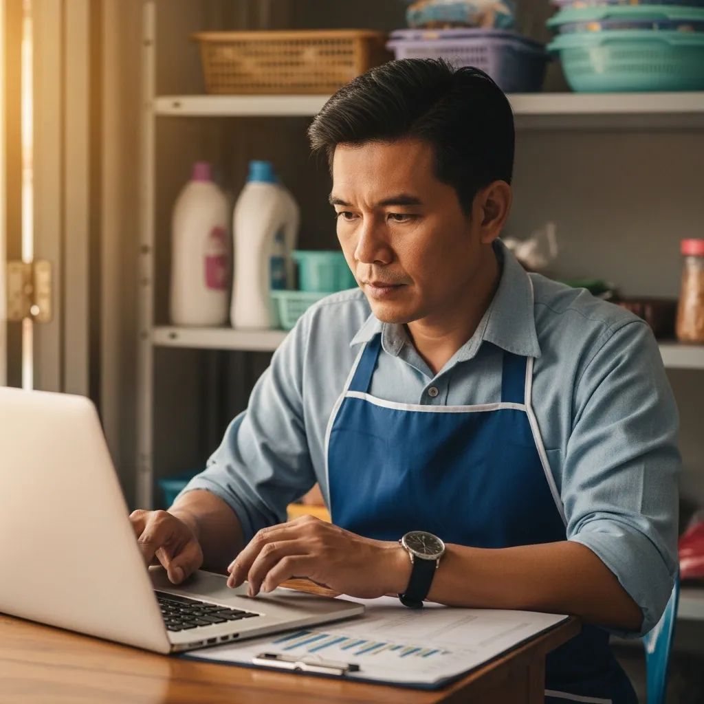 Thai small business owner reviewing financial spreadsheets inside a modest shop