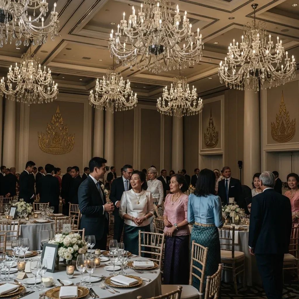 Wide-angle view of a formal wedding reception in a decorated Southeast Asian ballroom with guests mingling