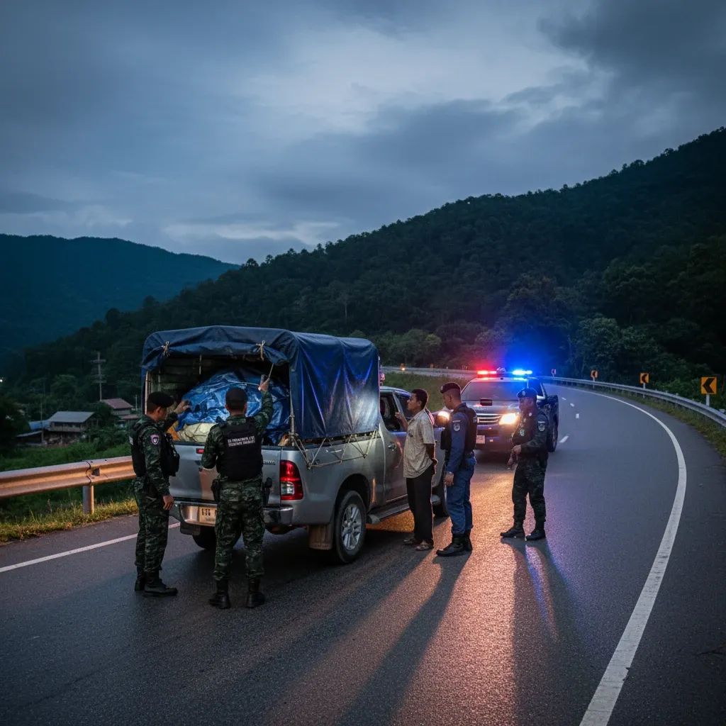 Thai soldiers and border police at a nighttime checkpoint on a mountainous Chiang Dao highway
