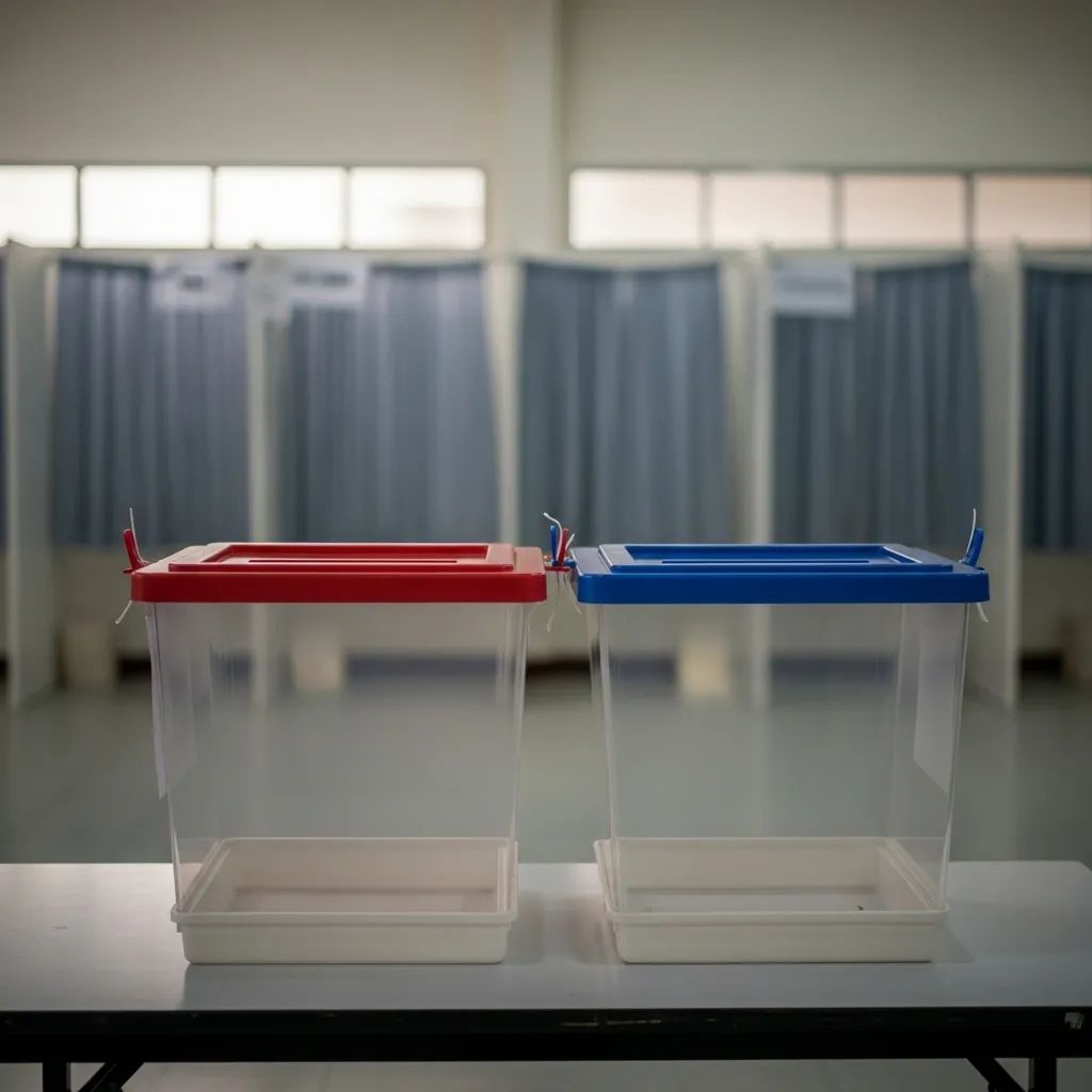 Two ballot boxes at a Thai polling station representing the dual election and referendum