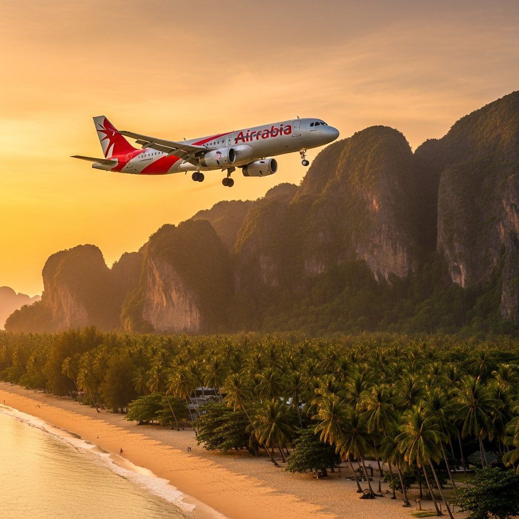 Air Arabia plane landing at Krabi airport with tropical beach and limestone cliffs at sunset