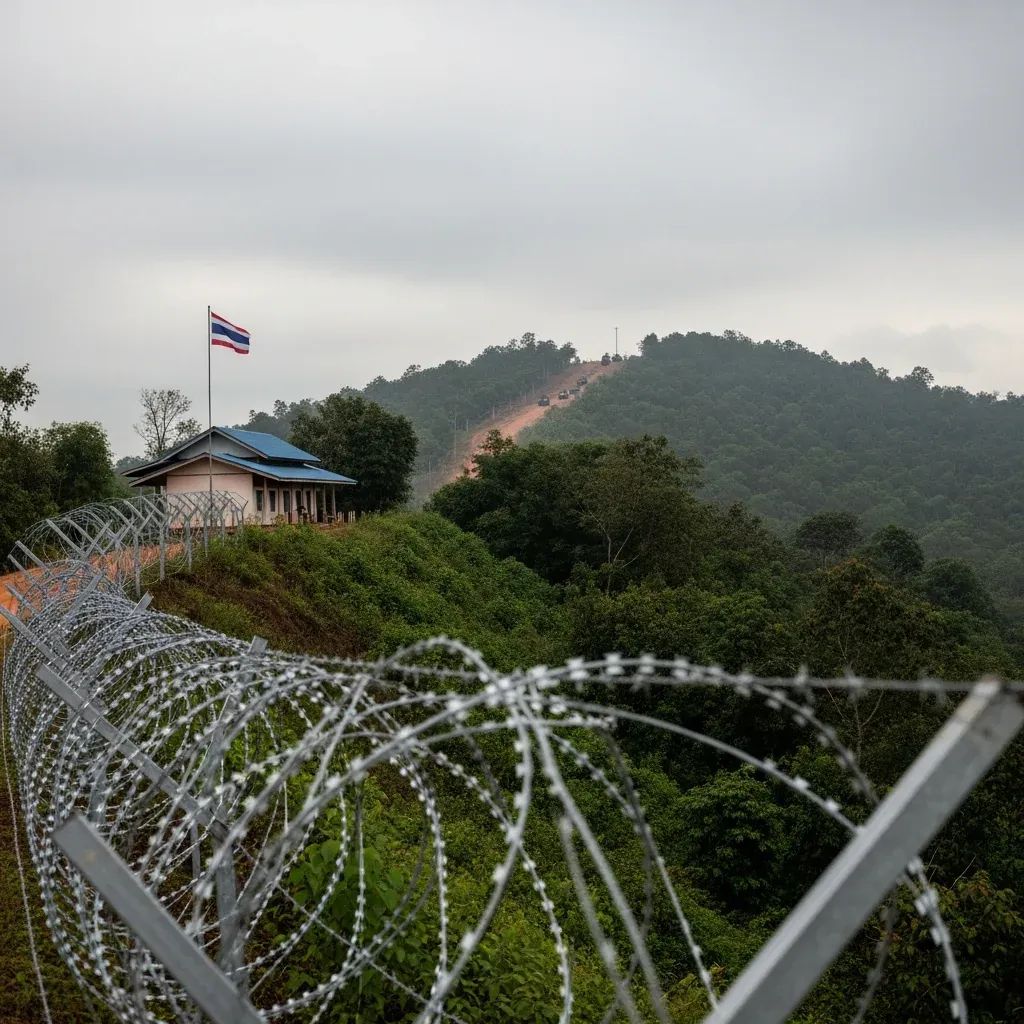 Thai flag raised on a ridge with barbed wire and distant tanks at the Thailand-Cambodia border