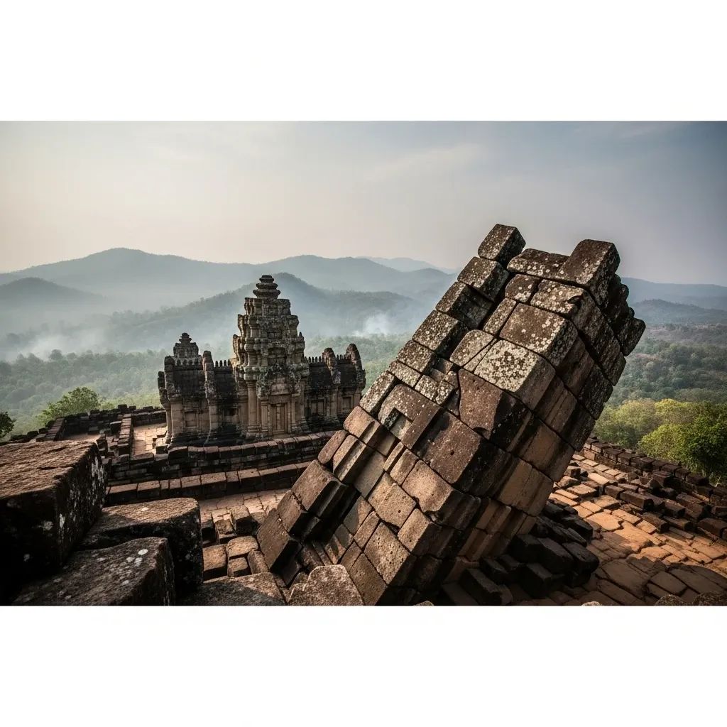 Tilted sandstone ruins of Prasat Ta Kwai temple on a forested Thai border ridge with distant smoke haze