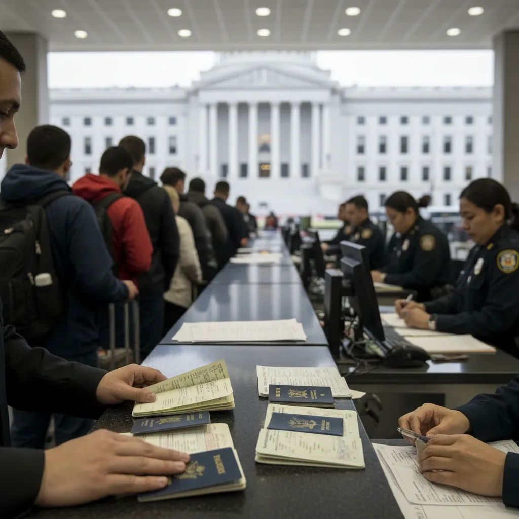 International travelers queuing at U.S. customs with visa documents, representing World Cup attendance challenges