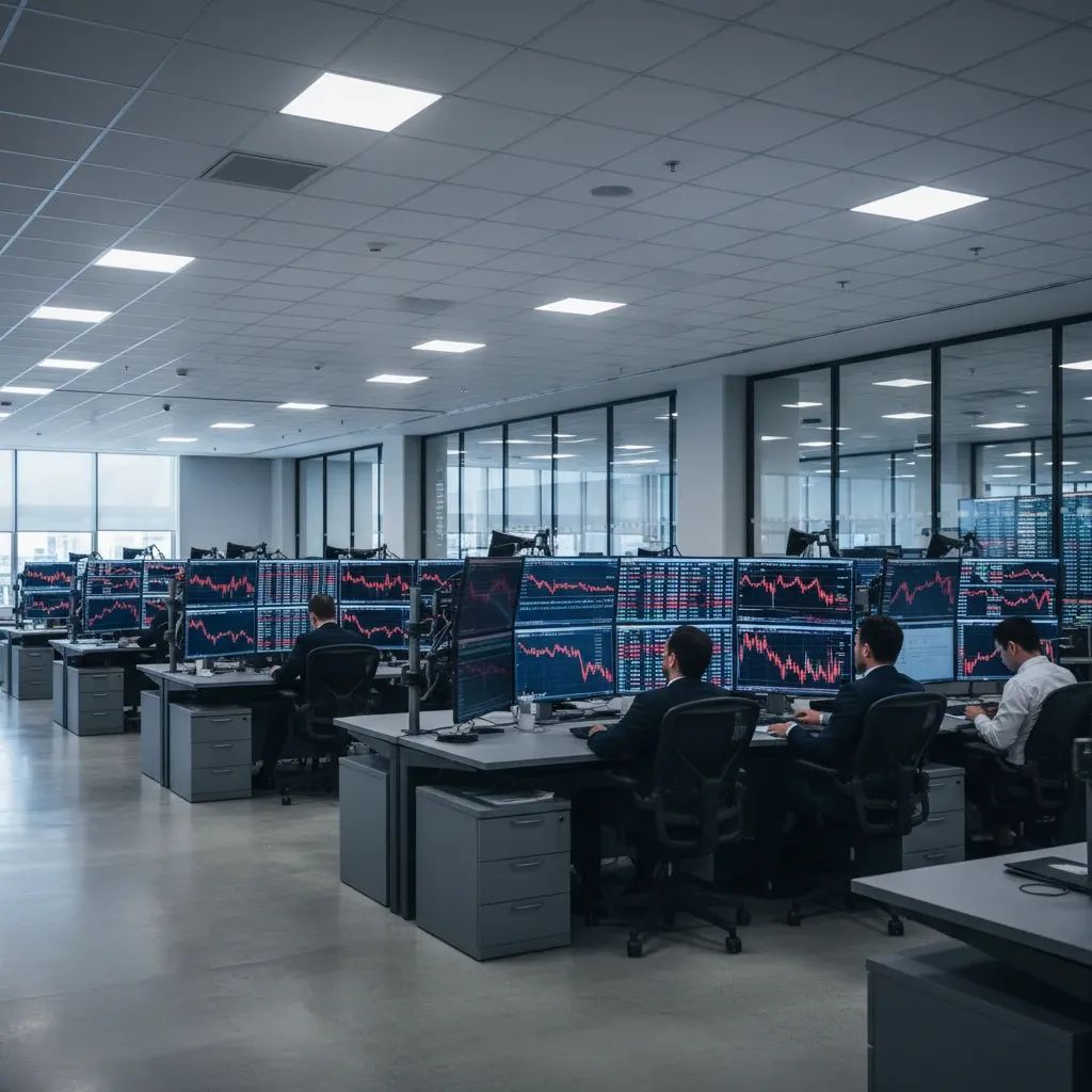 Financial market trading displays showing declining economic data and investment charts