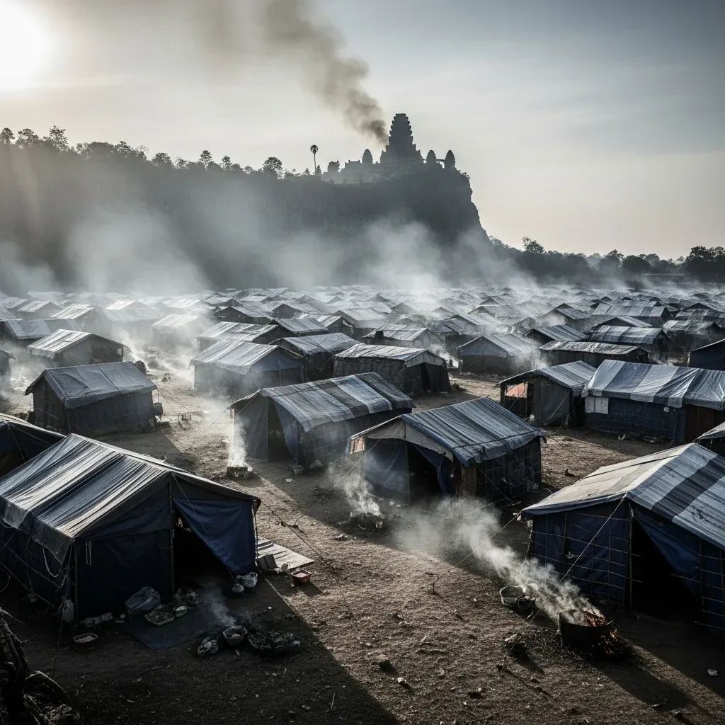 Refugee tents near Thailand-Cambodia border with Preah Vihear temple on distant cliff