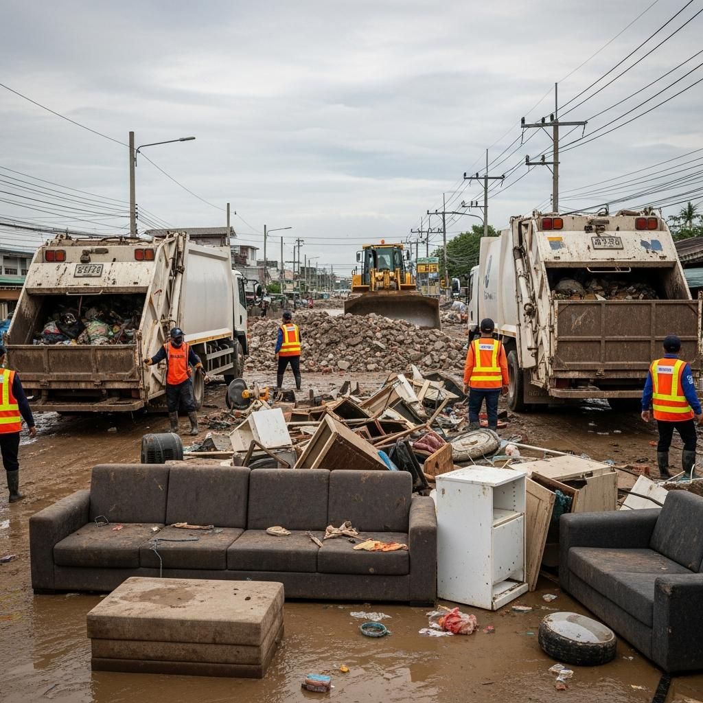 Workers and garbage trucks clearing flood debris and furniture from a mud-strewn street in Hat Yai