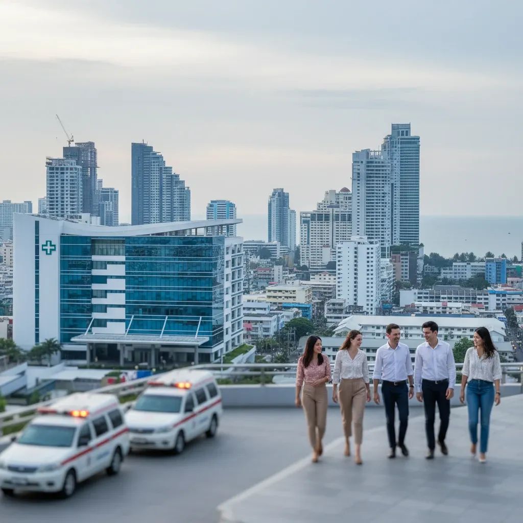Pattaya cityscape with emergency services and international hospital representing mental health crisis resources for expatriates in Thailand
