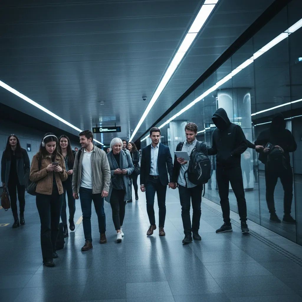 Crowded Bangkok MRT platform with two shadowy figures discreetly picking a passenger's wallet