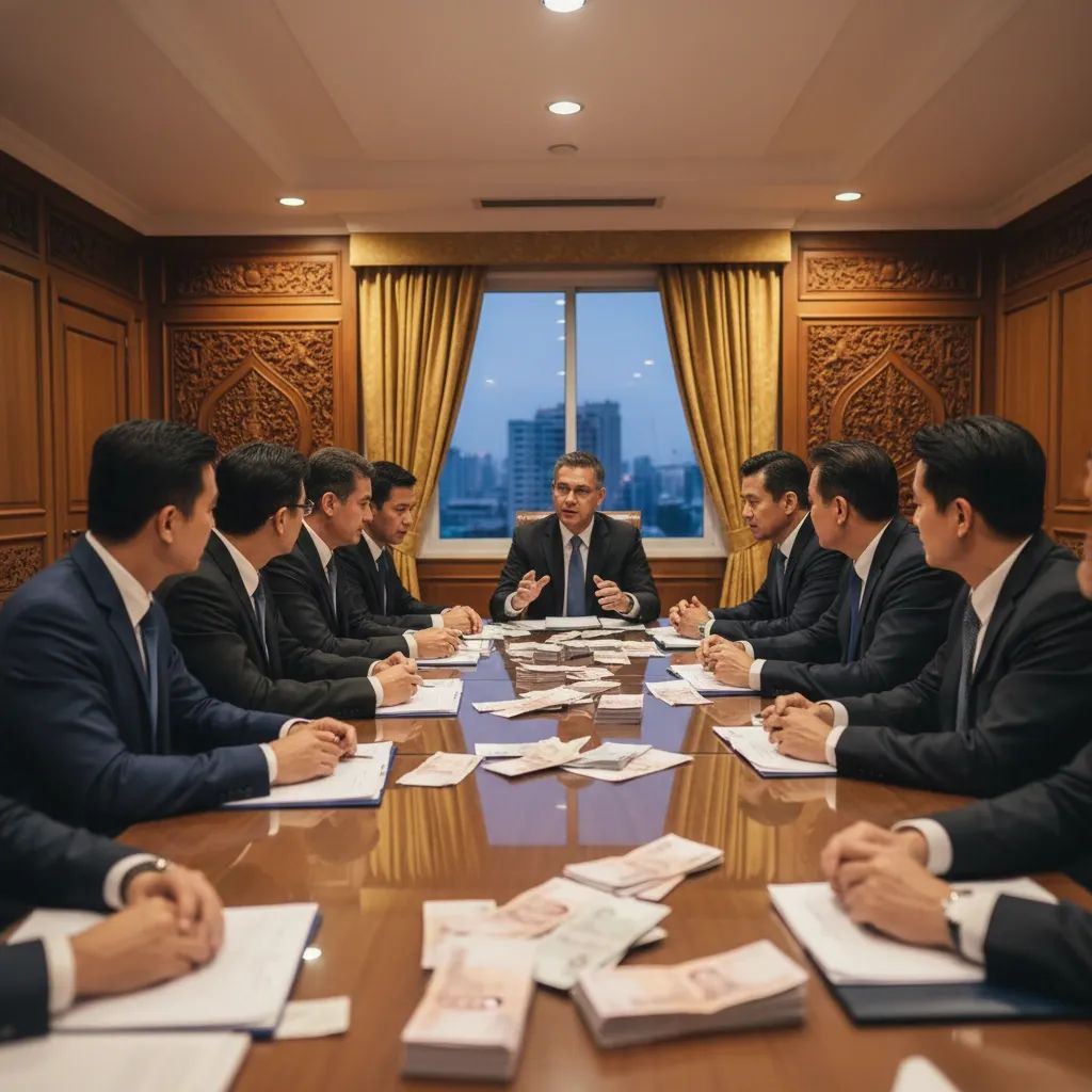 Diverse politicians negotiating coalition deals around a table with Thai baht notes