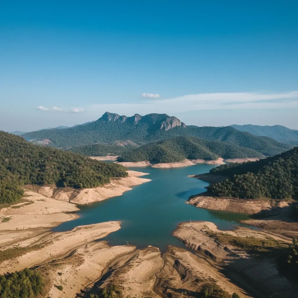 Aerial view of Phuket reservoir at half capacity with mountainous terrain in dry season