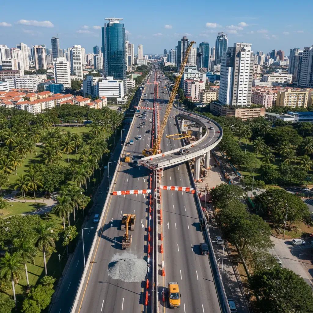 Aerial view of Pattaya highway construction with barriers and heavy equipment during daytime