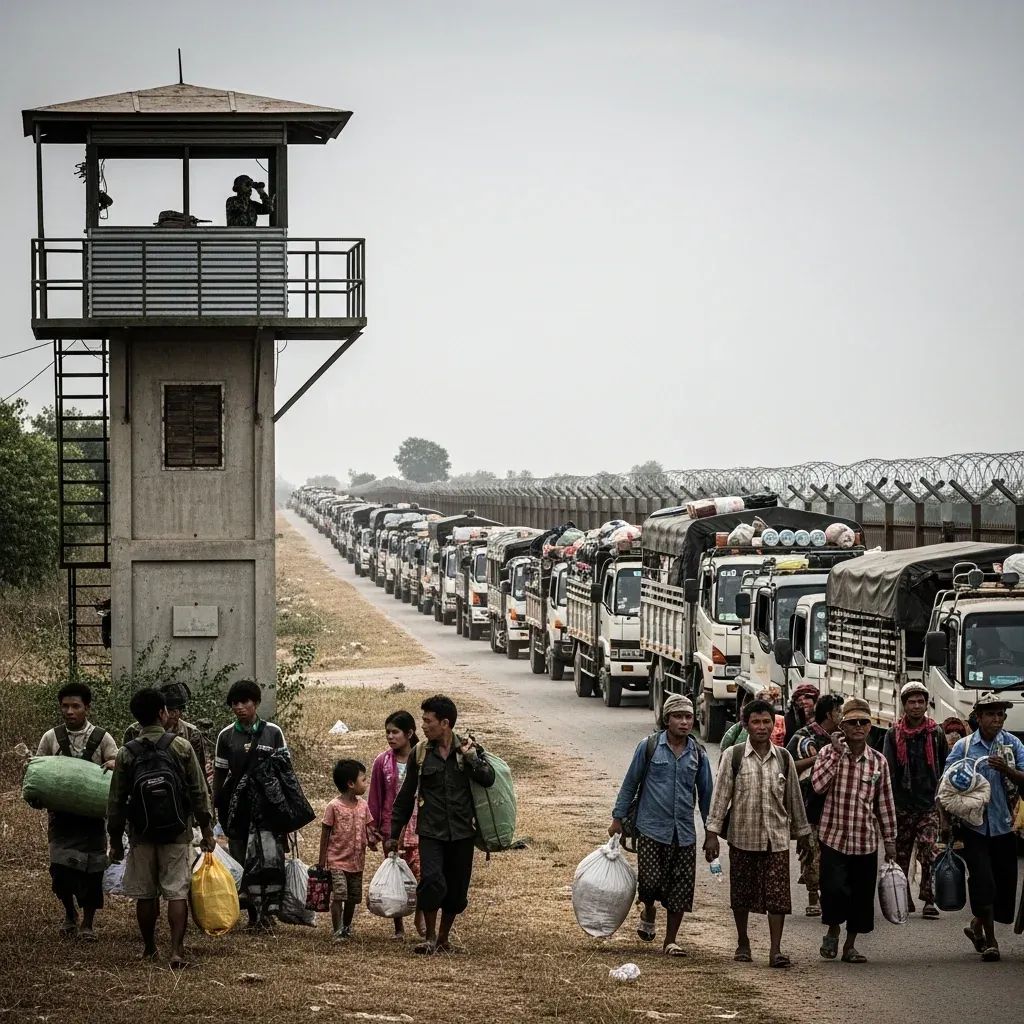 Wide shot of Thai-Cambodian border checkpoint with trucks and villagers near a military watchtower