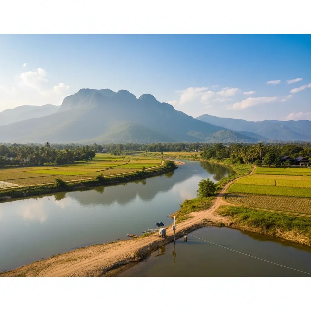 Kok River flowing through Chiang Rai with Northern Thailand mountains in background