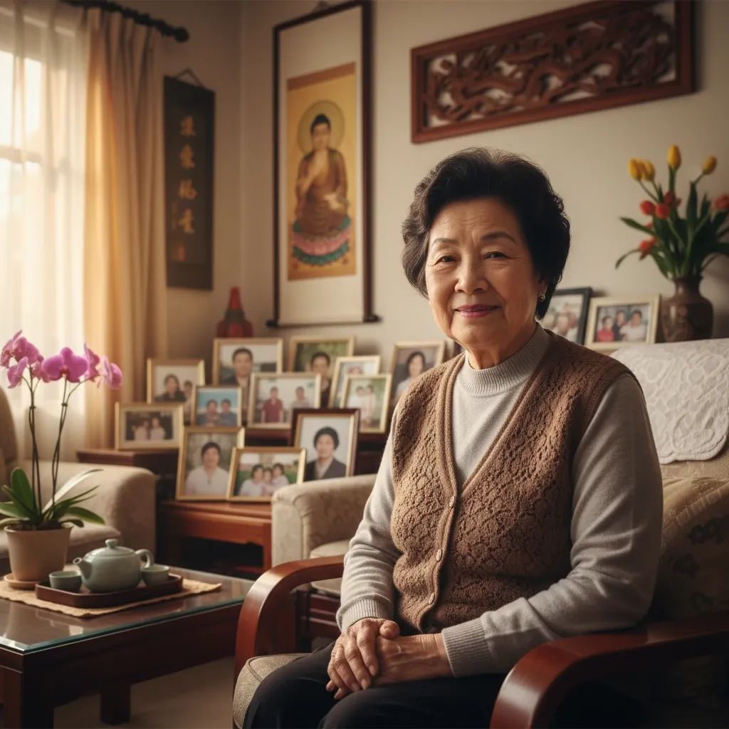 Elderly Thai woman smiling peacefully surrounded by family photos and cultural elements representing mental wellbeing and family support