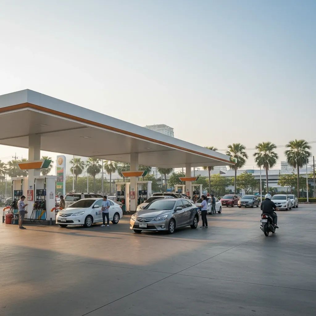 Busy petrol station in Thailand with customers refueling vehicles and price displays visible