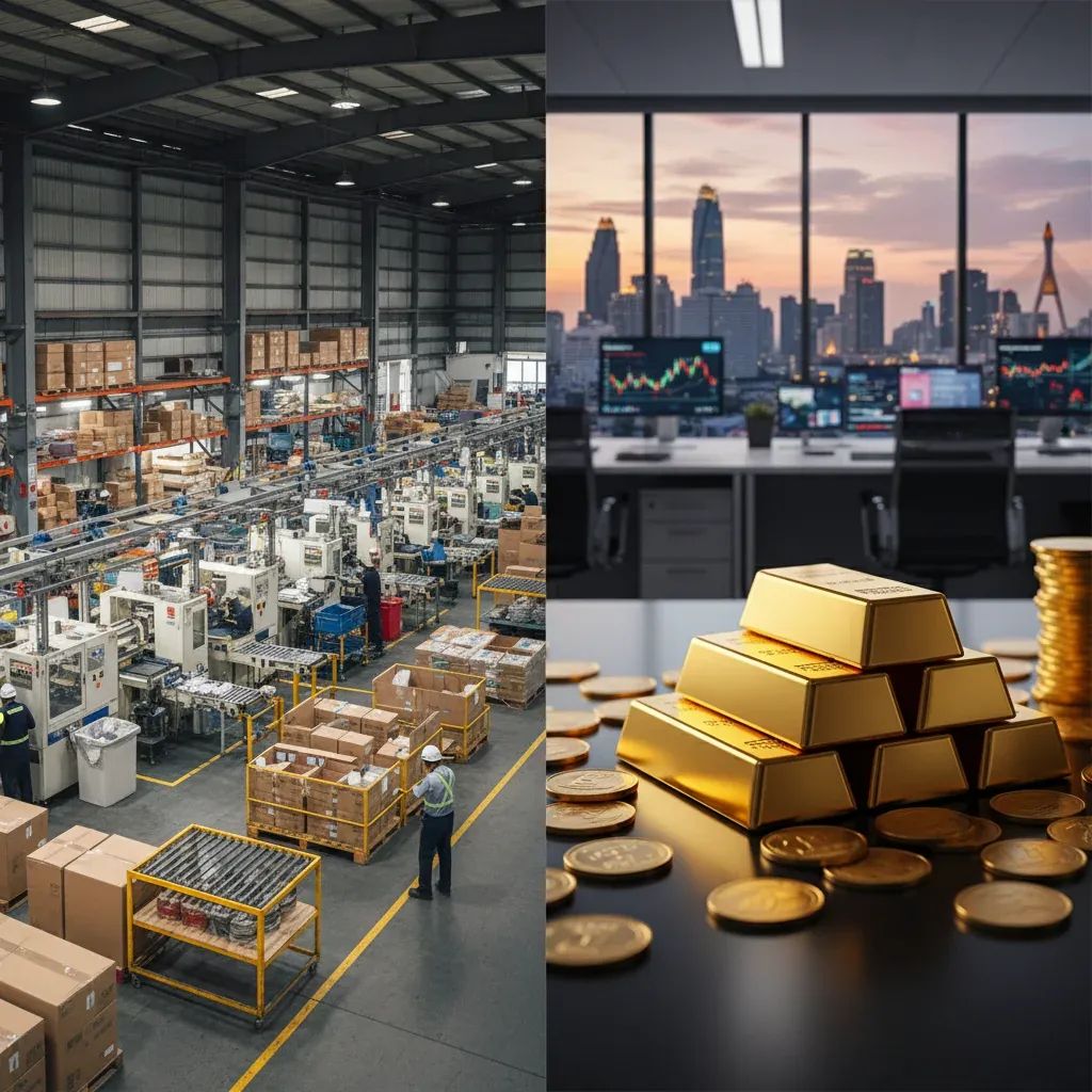 Thailand manufacturing export warehouse beside gold bullion bars symbolizing tariff relief and precious metals investment opportunity