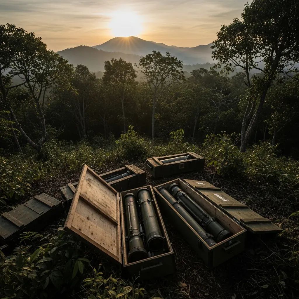 Wooden crates with seized rocket launchers and missile tubes on a forested hilltop near the Cambodian border