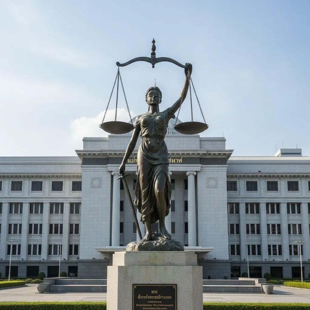 Bangkok government complex with prominent justice scales symbolizing Thailand’s new anti-corruption licensing reforms
