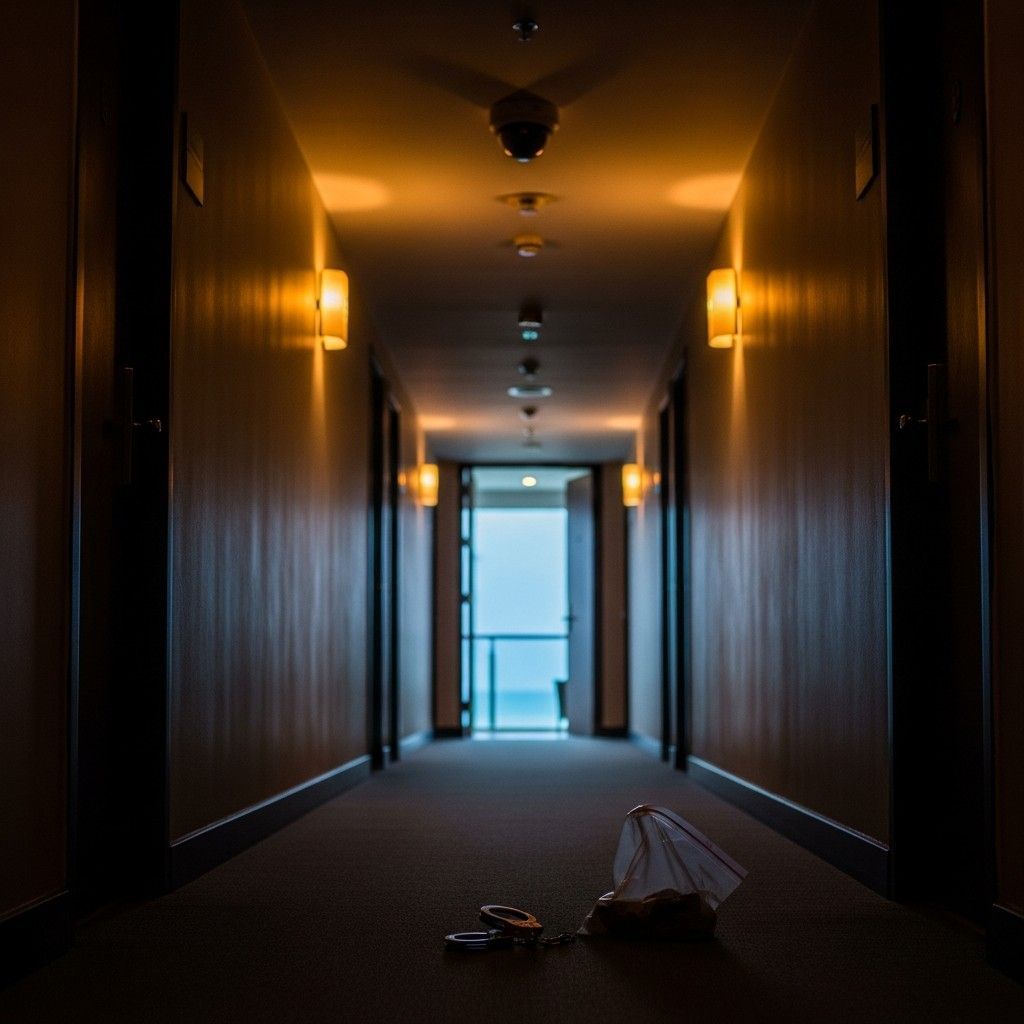 Dim hotel corridor with security camera overhead and handcuffs by an ajar room door