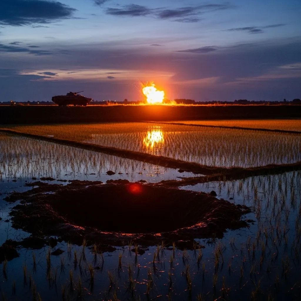 Explosion crater in rice paddy near Thai-Cambodia border at dusk with armored vehicle silhouette