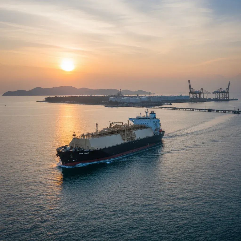 LNG tanker ship at sea delivering liquefied natural gas to Thailand port