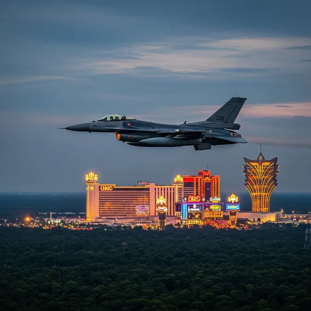 Thai F-16 fighter jet over neon-lit casino complex near Thai-Cambodia border