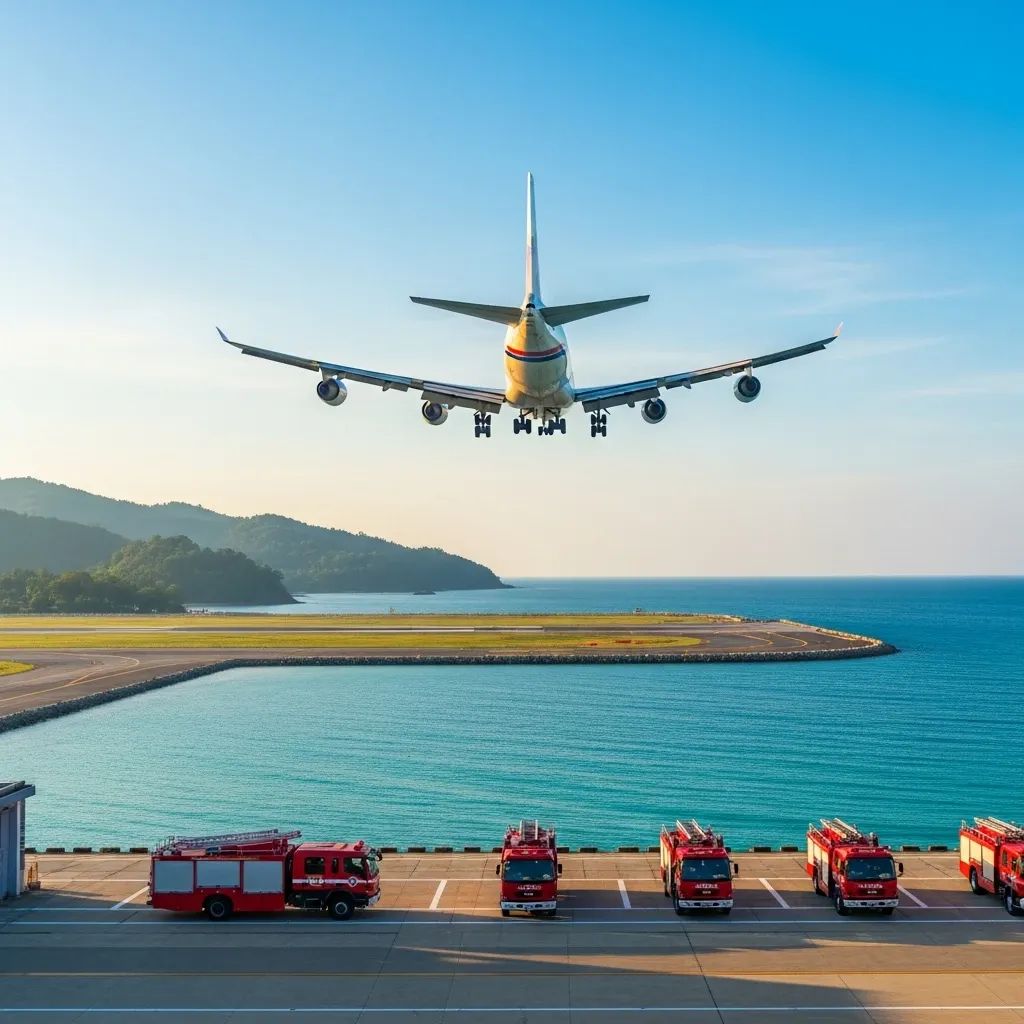Commercial airliner descending toward Phuket International Airport over the Andaman Sea with rescue vehicles visible on taxiway