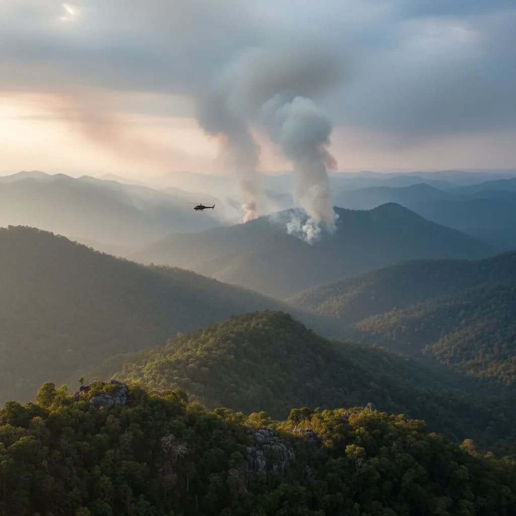 Thai forest landscape with smoke from deliberate arson fires visible across valleys and mountains