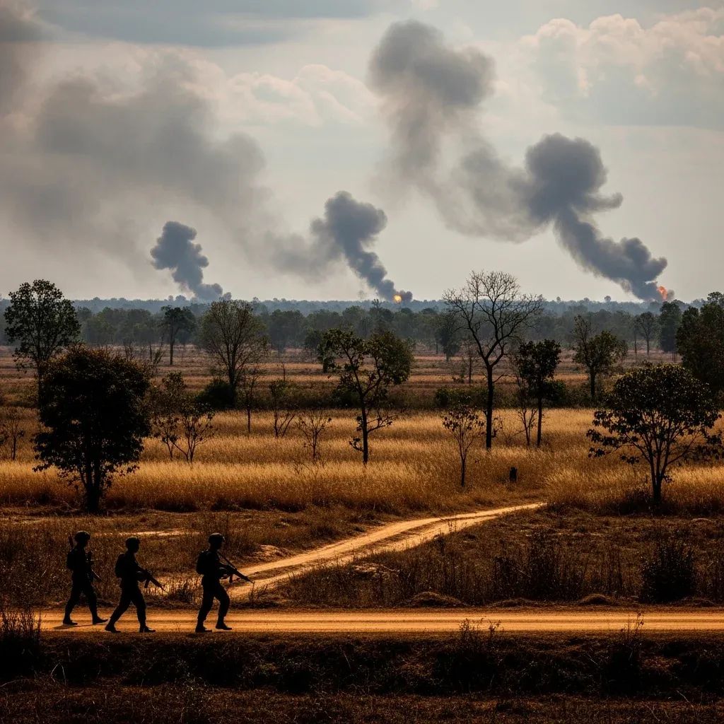 Thai soldiers patrolling rural border farmland with distant smoke plumes in Sa Kaeo