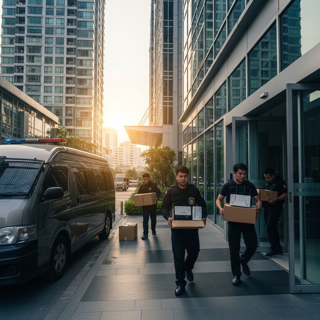 Police officers conducting a dawn raid at a Bangkok high-rise condominium in a scam operation investigation