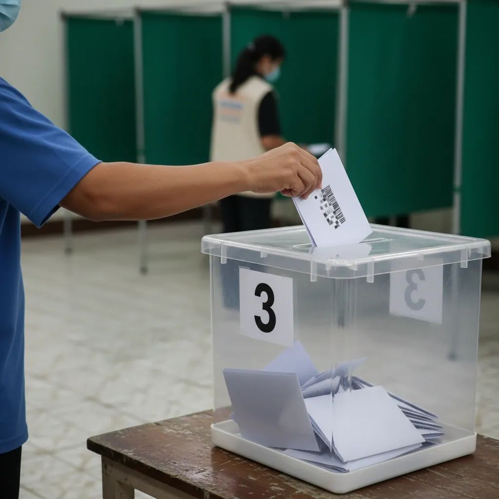 Anonymous Thai voter drops barcode-marked ballot into transparent box at a polling station