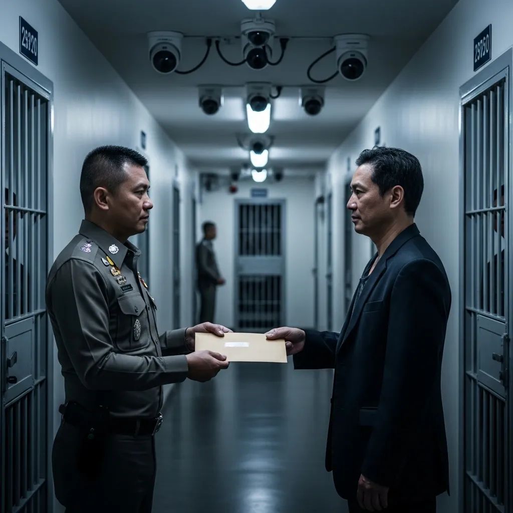 Uniformed Thai police officer handing an envelope to a middleman in a prison corridor