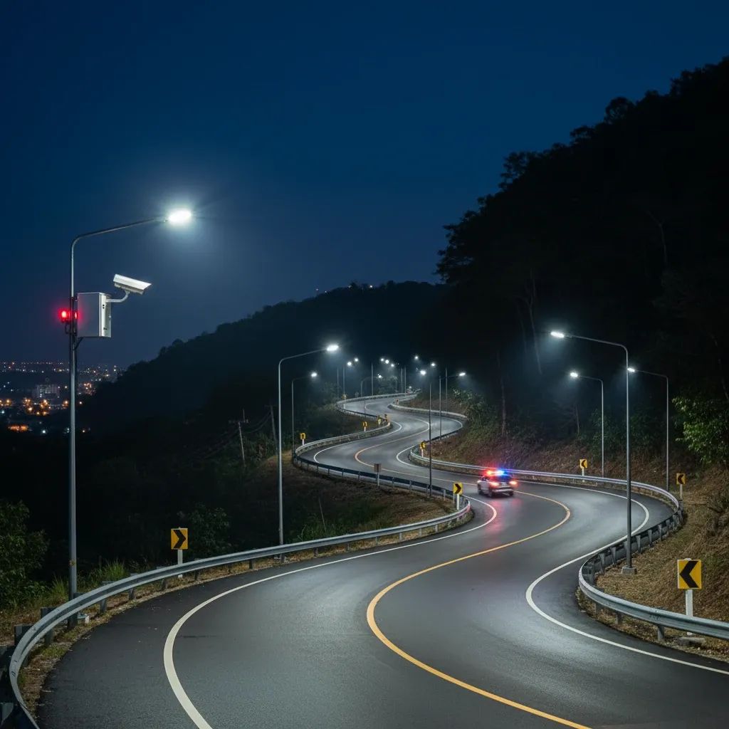 Nighttime Pattaya hillside road lit by new LED streetlights with a distant police patrol car
