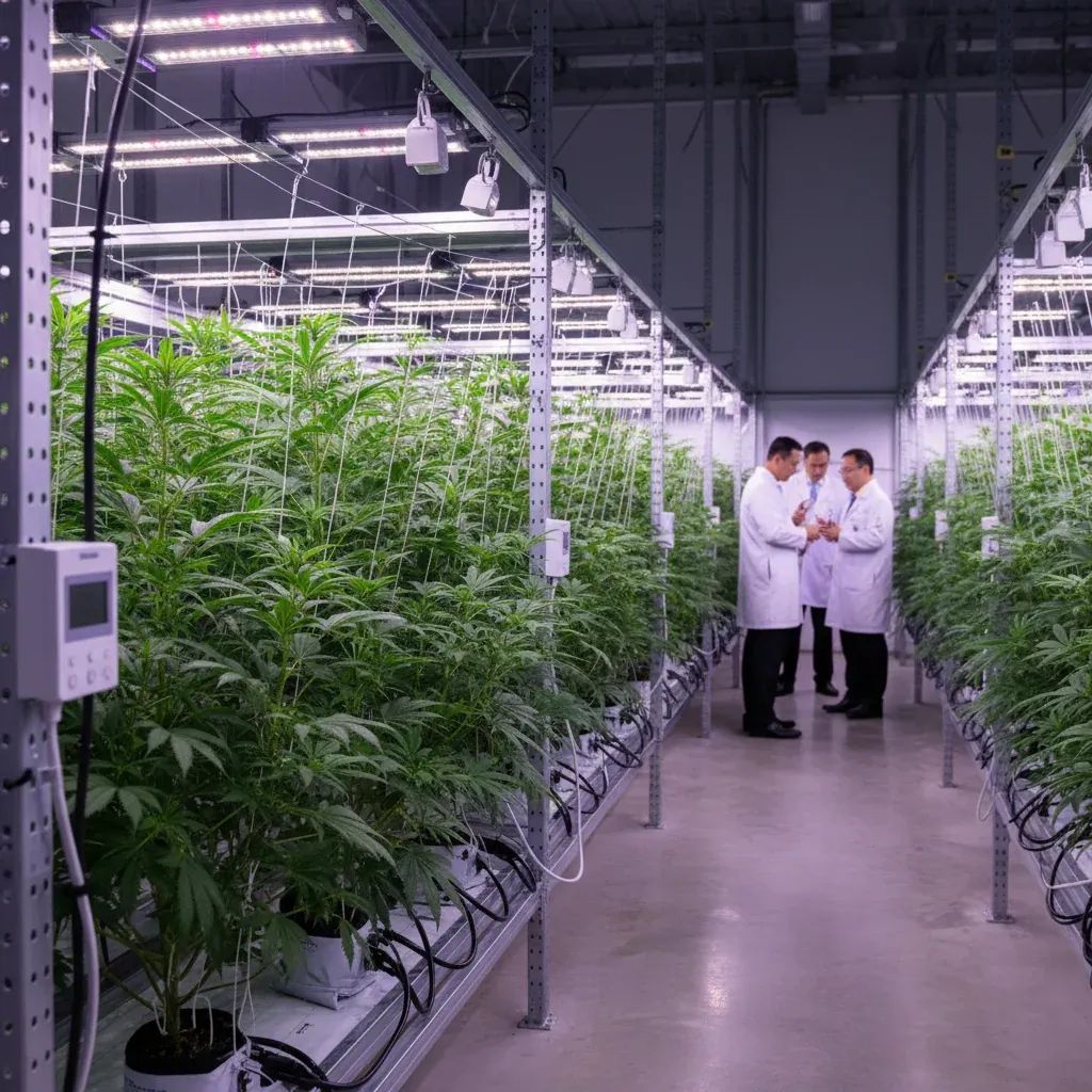 High-tech indoor cannabis farm with LED grow lights and sensors being inspected by officials