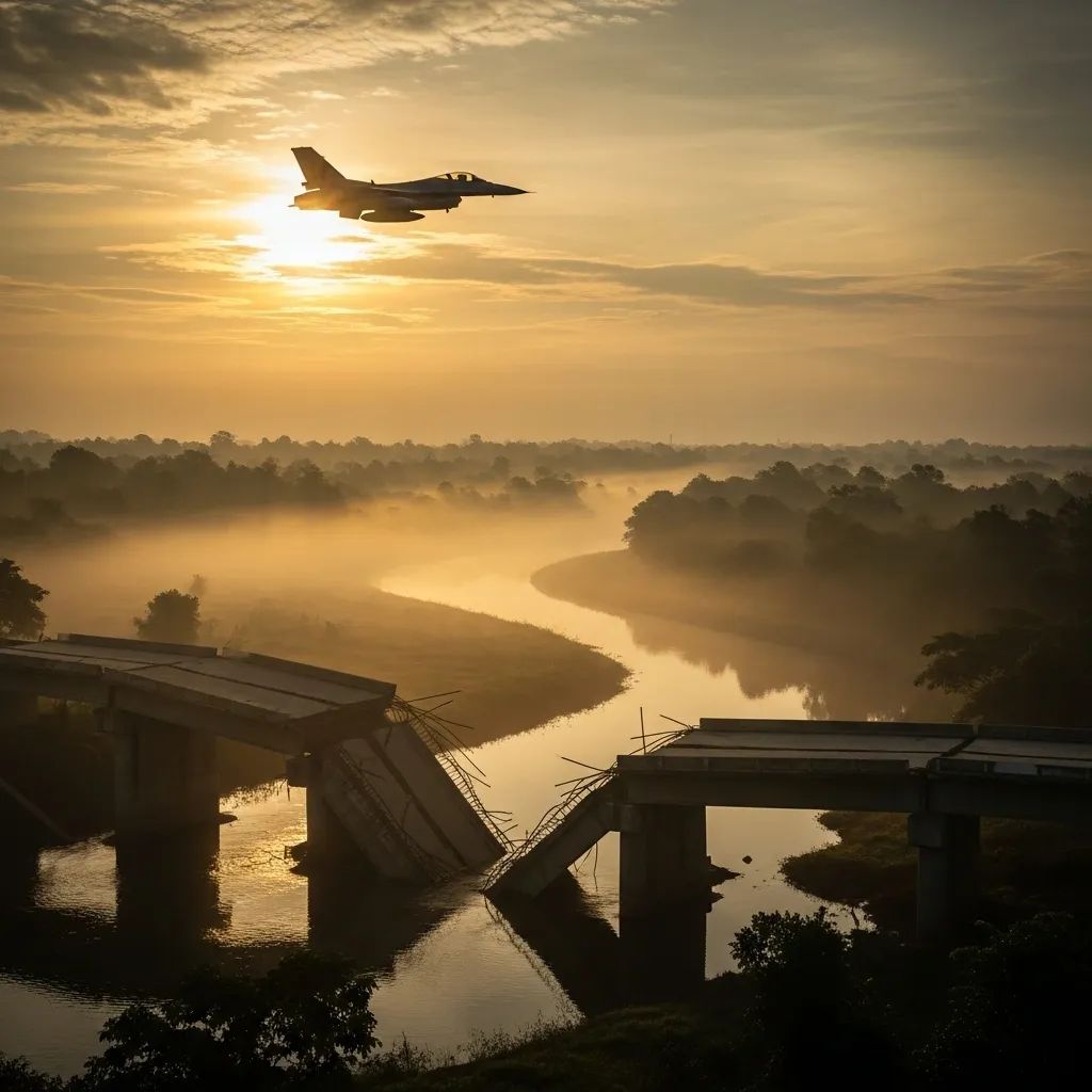 Destroyed concrete bridge over border river with F-16 jet silhouette at dawn