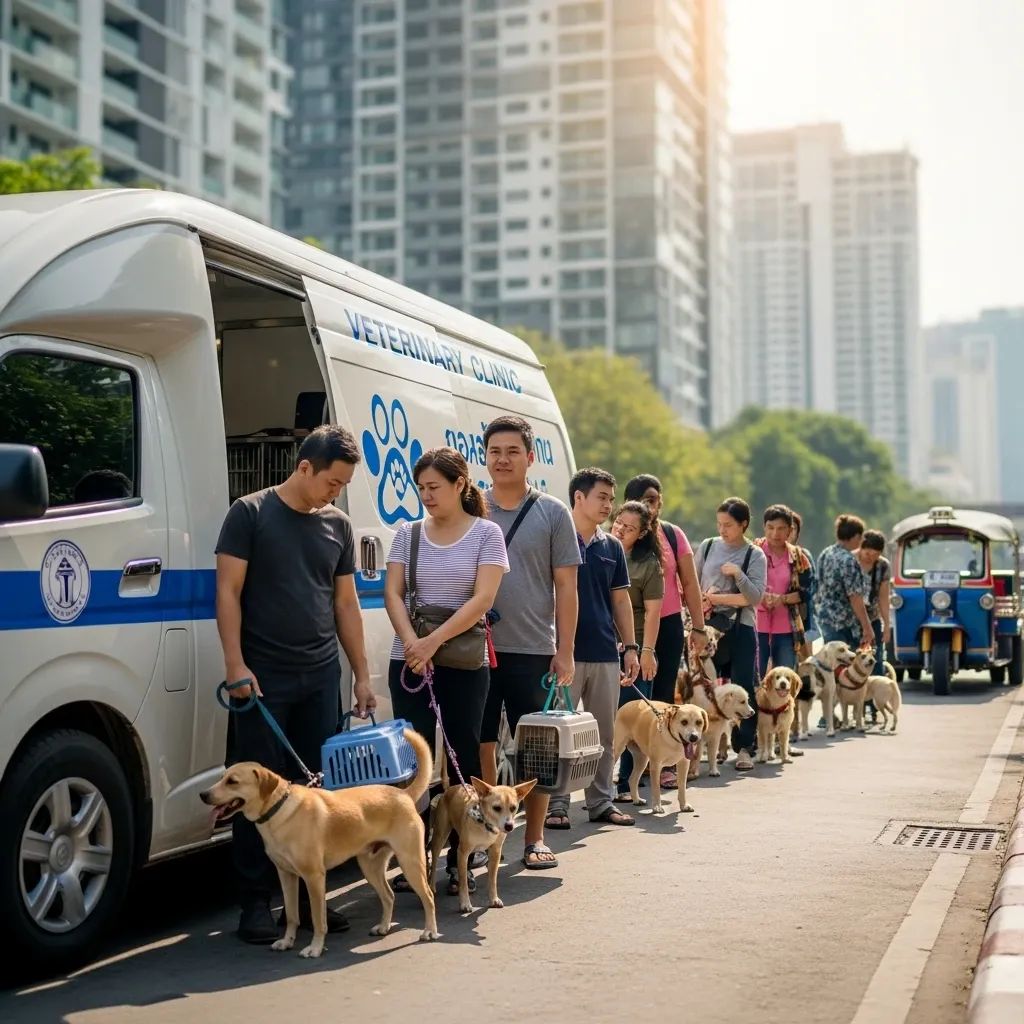 Mobile veterinary clinic van on a Bangkok street with pet owners waiting to chip their animals