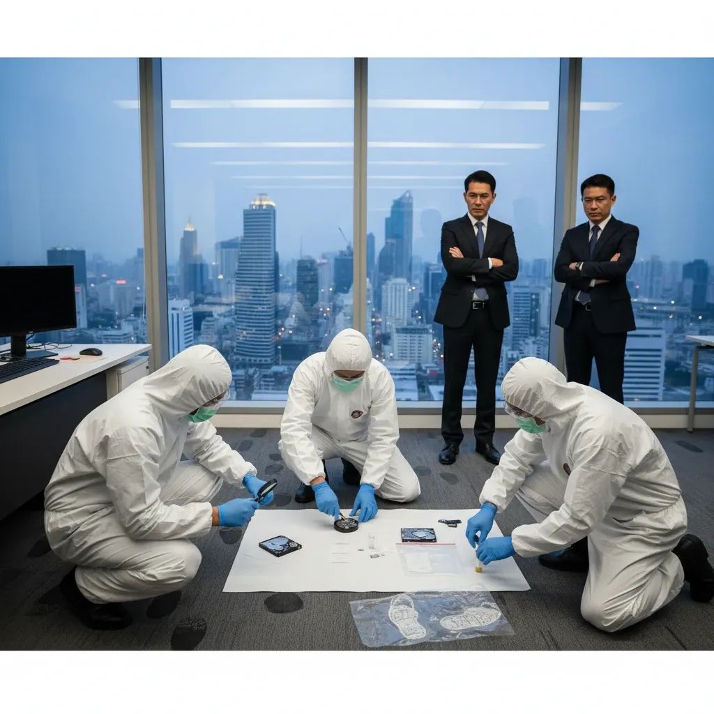 Thai police investigators examining evidence in a Bangkok office building